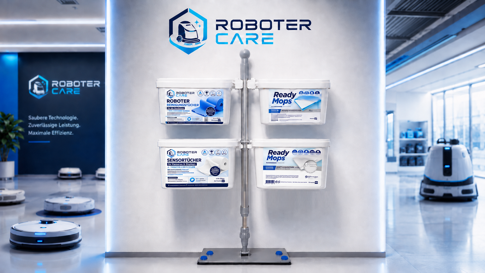 Roboter Care Station: Definierter Pflegepunkt mit Reinigungstüchern, Sensortüchern und Ready Mops im Objekt