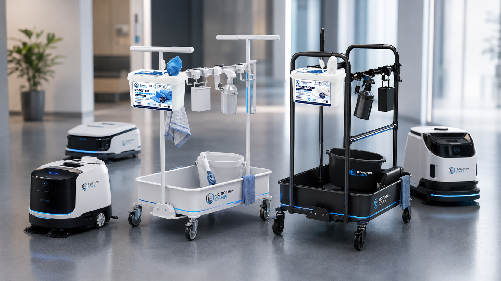 RoboterCare Wagen als mobile Pflegestation: Reinigungstücher, Sensortücher und Zubehör direkt am Arbeitsort des Reinigungsroboters