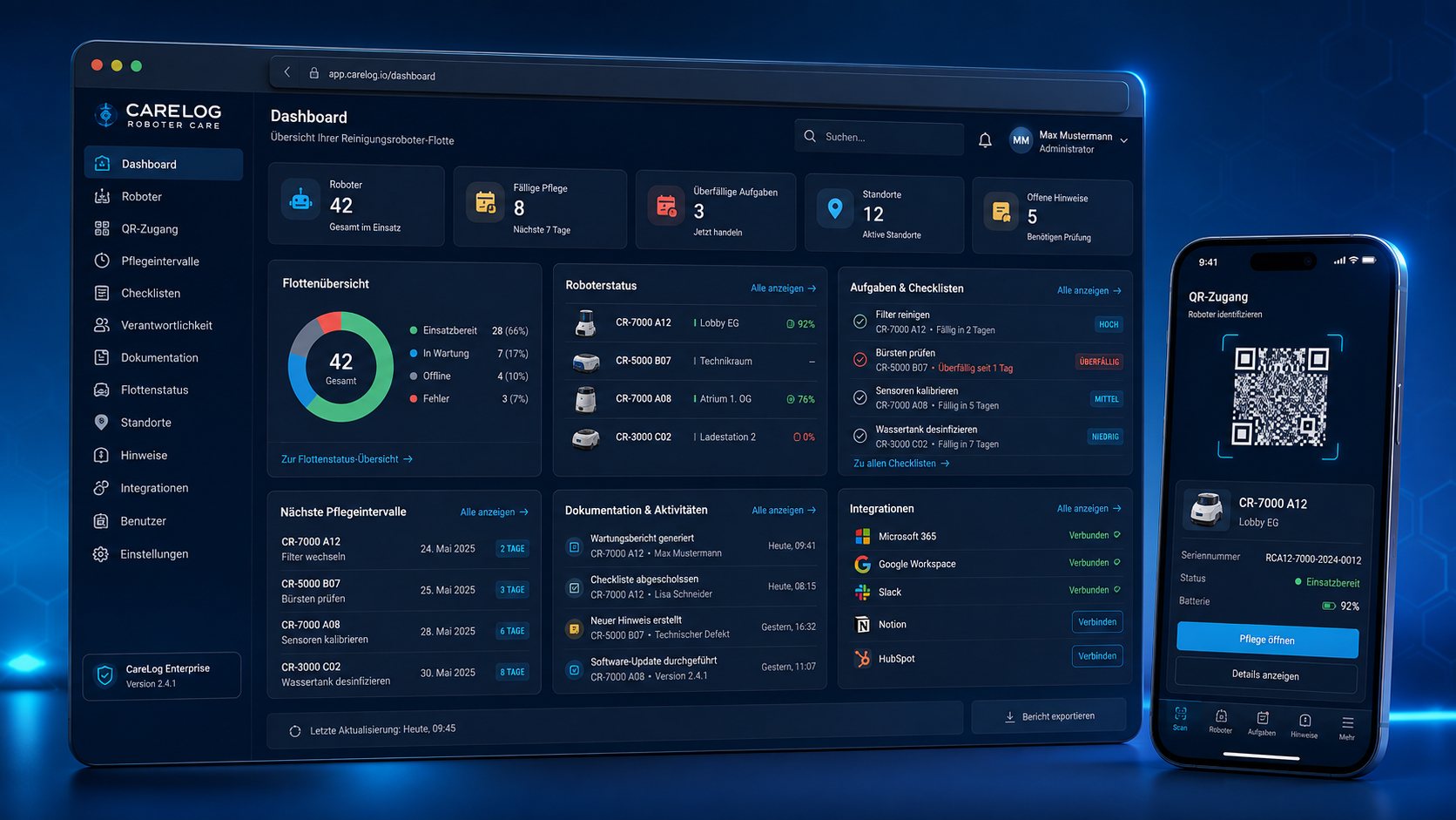 CareLog Dashboard mit Flottenübersicht, Pflegeintervallen und mobiler QR-Zugang-Ansicht